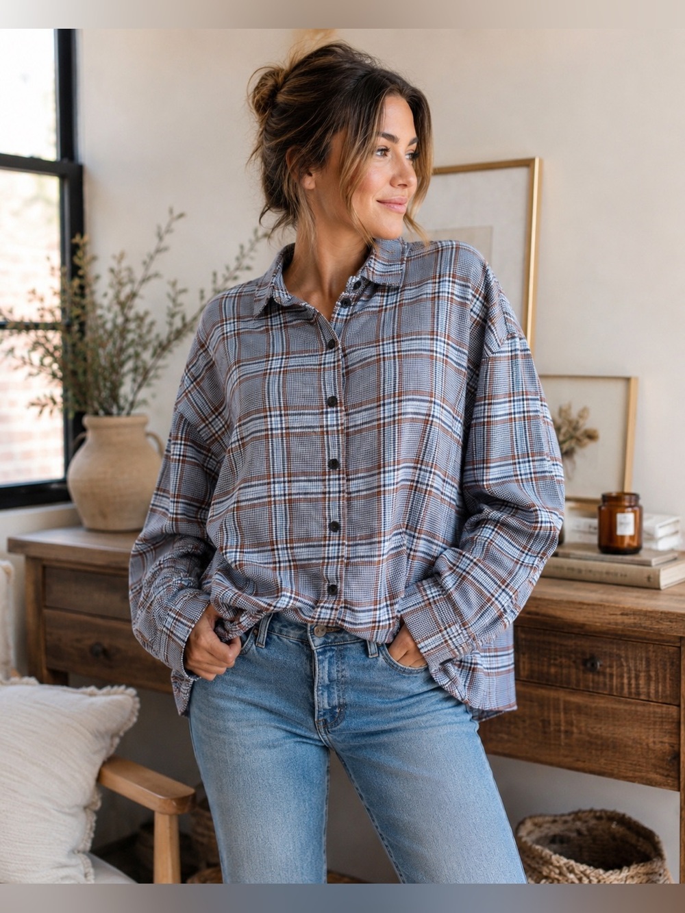 Madewell Plaid‎ Button Down Shirt Women’s XL Oversized 100% Cotton Brown Blue